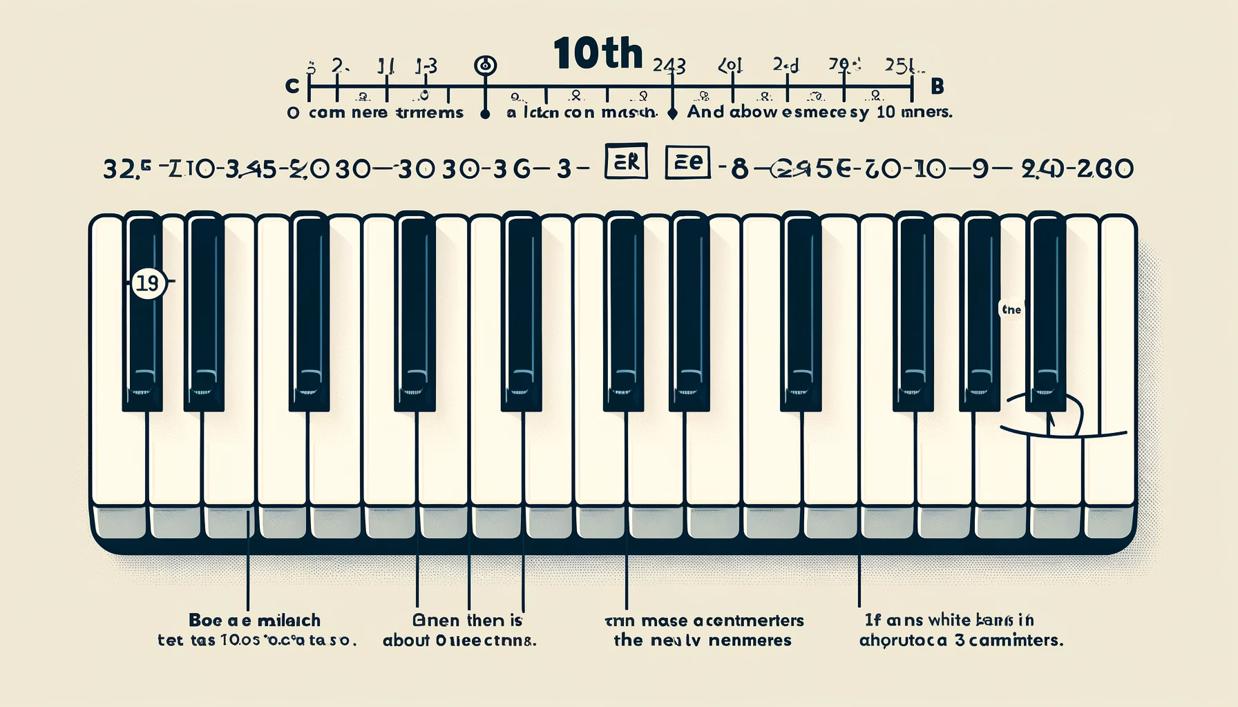 ピアノの10度（約23.5センチメートル）の距離を示す画像